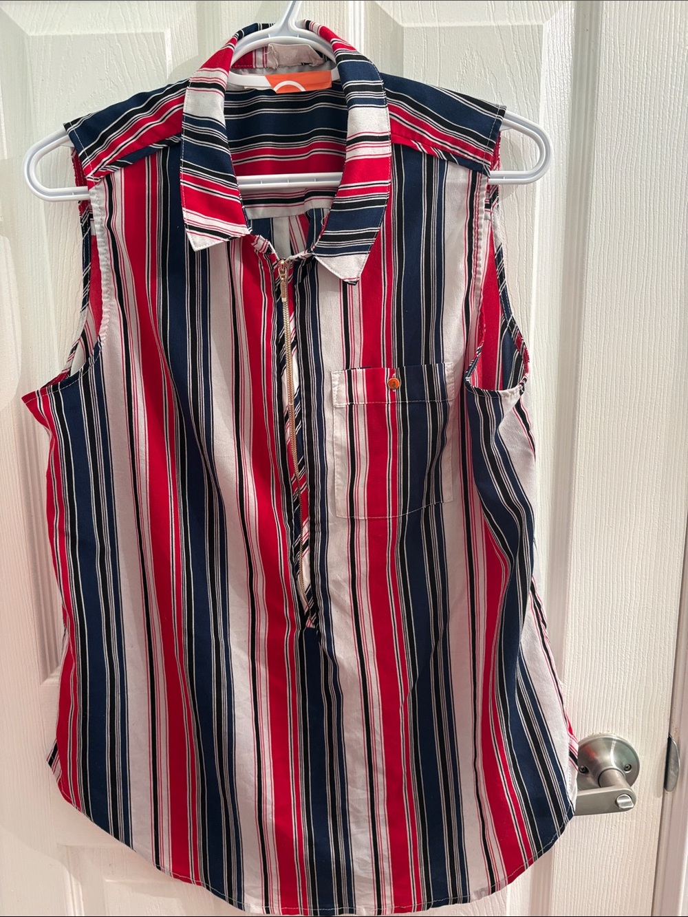 Point Zero Sleeveless Button-Down Top in Red, Navy & White